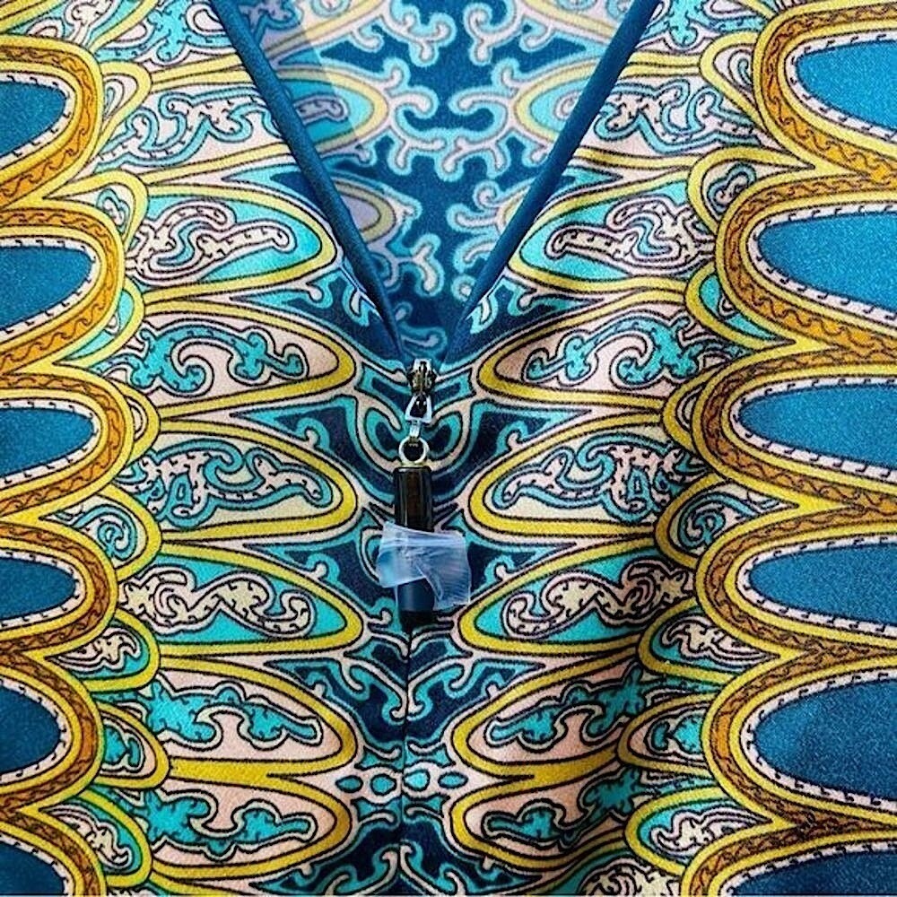 Oscar de la Renta Blue Gold Mandala Zip Front‎ V-Neck 2 Pocket Caftan  SZ 2X NEW - Picture 7 of 15